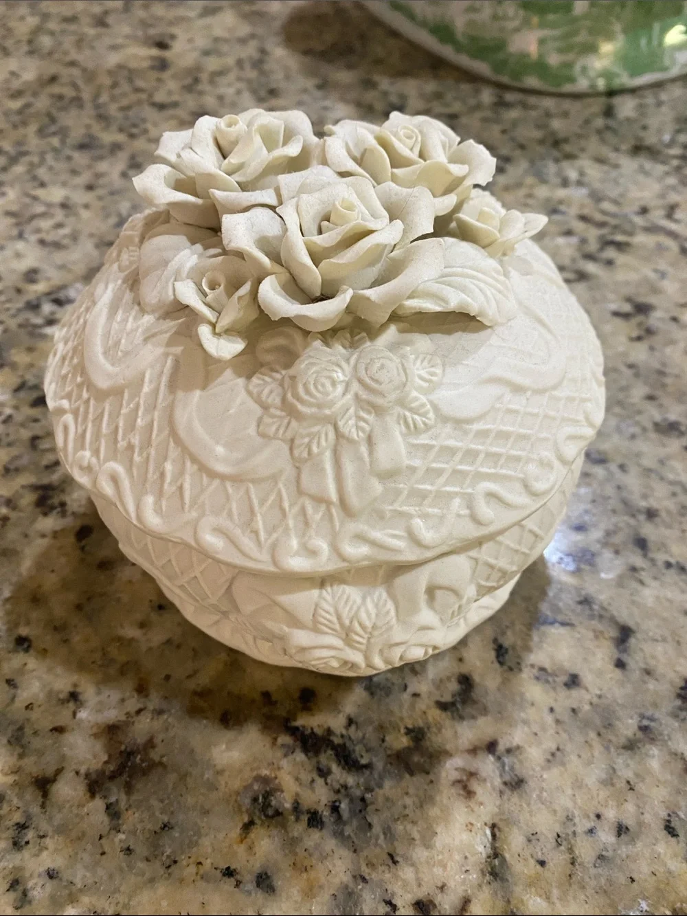 White Porcelain Bisque Trinket Box Container Jar Flowers Floral Round Vintage